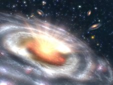 A growing black hole, called a quasar, can be seen at the center of a faraway galaxy in this artist concept.