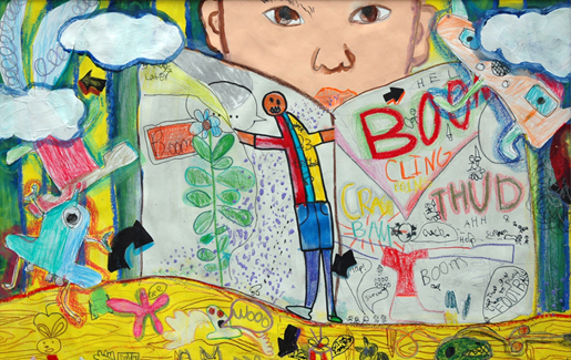 Student Art -  Painting of a boy reading a book.