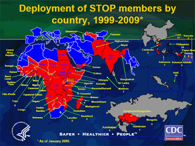 Description: map of STOP team assignments by country, 1999-2009