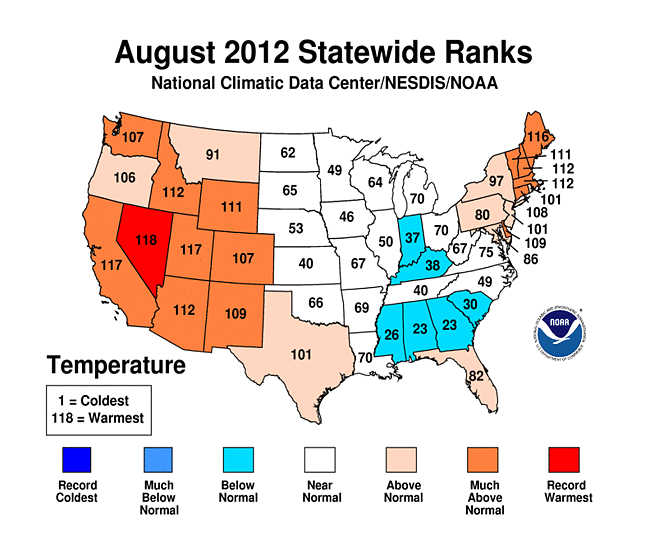 August 2012 Statewide Temperature Ranks Map