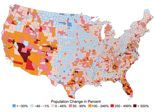 Map of the United States counties that shows population change in percentage. In general, the population in the middle of the country is declining and regions in the Southwest, parts of Texas, Atlanta, Maryland, and Florida are increasing. Data for specific counties sometimes defy the general regional trend.