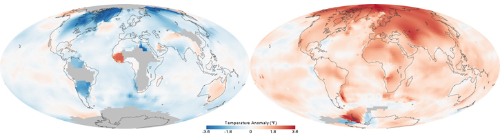 Temperatures across the world in the 1880s (left) and the 1980s (right)
