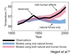Line graph with a line that show the observed temperature increases, a blue band that show how the temperature would have changed over the past century due to only natural forces, and a red band that shows the combined effects of natual and human forces. The blue band that shows natural forces starts and ends the 20th century just above 56 degrees Fahrenheit. The actual observed global average temperatures closely follows the model projections that use both human and natural forces - beginning in 1900 at just above 56 degrees Fahrenheit and ending in 2000 around 58 degrees Fahrenheit.