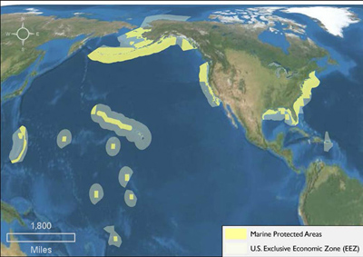Map of the marine protected areas in the United States. The areas include most of United States coastline around the continental United States, Alaska, and the tropical islands. Additionally, the map shows a U.S. Exclusive Economic Zone that extends beyond the marine protected areas.