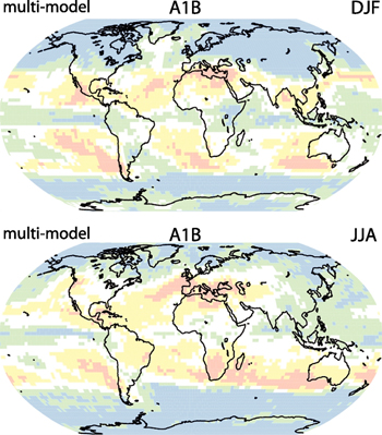 Two shaded global maps that show the projected changes in precipitation for the end of the century under A1B scenario for December, January and February in one map; and June, July, and August in the second. For the December, January, and February map, the map shows increases in precipitation at the equator and both higher and lower latitudes, separated by borad regions of decreases in precipitation. In the June, July, and August map, the decreases in precipitation are more widespread across the world, with increases in precipitation limited to the northern and southern most latitudes.