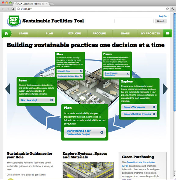 A screen shot of the Sustainable Facilities Tool website