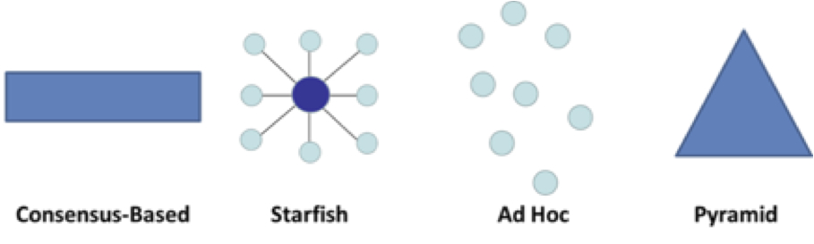 Graphic showing four types of organizational structures (consensus-based, starfish, ad hoc, and pyramid).