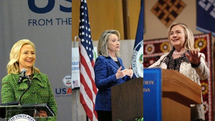 Date: 05/25/2012 Description: Secretary of State Hillary Rodham Clinton: at the USAID Town Hall, Feb. 15, 2012 (State Dept photo); at the Global Impact Economy Forum, April 26, 2012 (State Dept photo); at a town hall discussion in Dushanbe, Tajikistan, Oct. 22, 2011 (AP photo). © State Dept and AP Images
