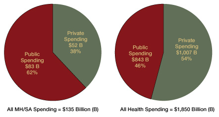chart on 2005 Public to Private Spending: All Mental Health/Substance Abuse versus All Health - click to enlarge image