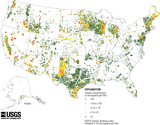 Map of arsenic in groundwater of the US