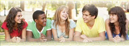 image of several teens talking to each other on a sunny day