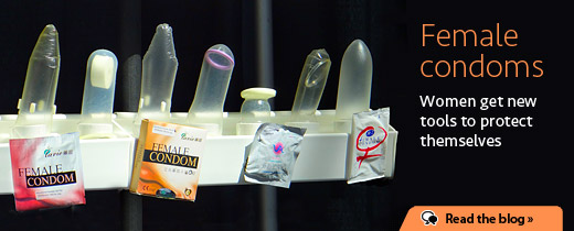 Female condoms and their packaging, with text, 'Female condoms: women get new tools to protect themselves. Read the blog.