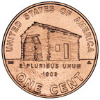 Coin image shows a log cabin on a open field, surrounded by the standard one-cent reverse inscriptions, plus 1809.