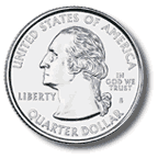 Image shows the front of a quarter, with a portrait of George Washington facing left.