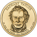 Image of Presidential $1 coin shows Zachary Taylor, his name, and the dates he held office: 1849 to 1850.