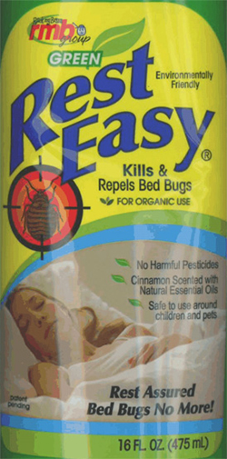 Product label: “green, environmentally friendly Rest Easy – kills and repels bed bugs. For organic use. Rest assured, bed bugs no more!” showing a woman asleep in bed.