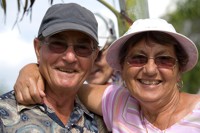 Photo of a man and woman wearing hats and sunglasses