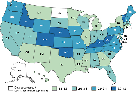 Map of the United States showing melanoma of the skin death rates by state.