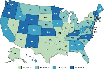 Map of the United States showing melanoma of the skin incidence rates by state.