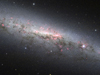 A pale milky galaxy seen on edge - with pink clusters of star-forming regions sprinkled through the center