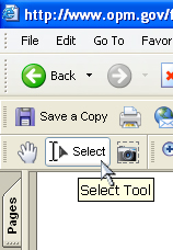 Screenshot of cursor over select button in a browser's PDF reader toolbar