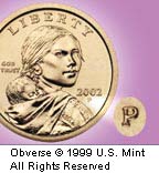 Sacagawea dollar with an inset showing the Mint Mark of the Philadelphia Mint