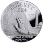Image shows 1994 Vietnam War Veterans Memorial silver dollar