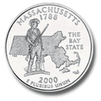 Image shows a minuteman and the state of Massachusetts on the back of the Massachusetts quarter.