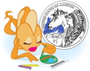 This icon shows Goldie beside a partially colored 2012 Native American $1 Coin.