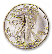 Image shows the Walking Liberty half dollar.