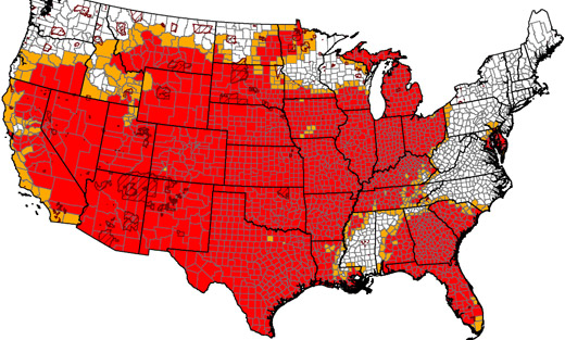 Photo: The map shows designations due to drought across the country under USDA's amended rule.