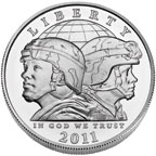 Image shows the 2011 U.S. Army commemorative silver dollar