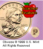 This image shows a dollar coin highlighting the mint mark of the Philadelphia Mint and a Teacher Feature icon.
