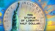 Image shows part of the 1986 statue of Liberty half dollar and its name