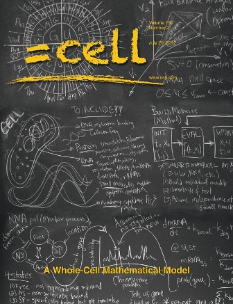 Cover of the 7/20/12 issue of Cell, showing a chalkboard full of mathematical equations and diagrams 
