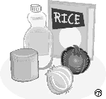 drawing of rice, vegetables and other grocery items