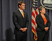 U.S. ICE Director John Morton and Department of Homeland Security (DHS) Secretary Janet Napolitano at the Operation Delego press conference