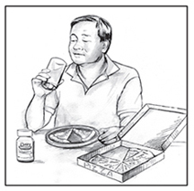 Drawing of a man sitting at a table and lifting a glass to his mouth. On the table in front of him are an open box of pizza, two slices of pizza on a plate, and a bottle of lactase tablets.  