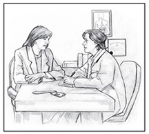 Drawing of a woman talking with a doctor. The woman and the doctor are seated at a table in the doctor’s office, and the doctor is taking notes.    