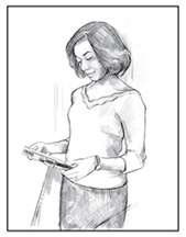 Drawing of a woman reading the food label on a frozen dinner, looking for words that mean the food contains lactose.    