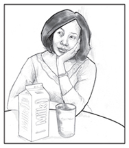 Drawing of a woman seated at a table with her elbow propped on the table and her head resting in her hand. A carton of milk and a glass are on the table in front of her.   