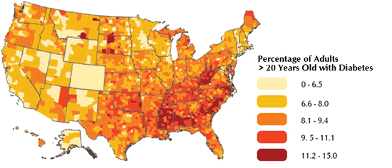 Map of the US that shows county-level estimates of diagnosed diabetes in adults that are 20 years old, or older.