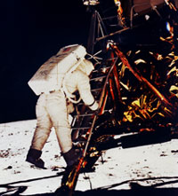 Buzz Aldrin on ladder to lunar surface