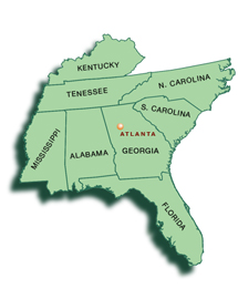 Map showing the 8 states that FEMA Region IV is responsible for - Alabama, Florida, Georgia, Kentucky, Mississippi, North Carolina, South Carolina and Tennessee