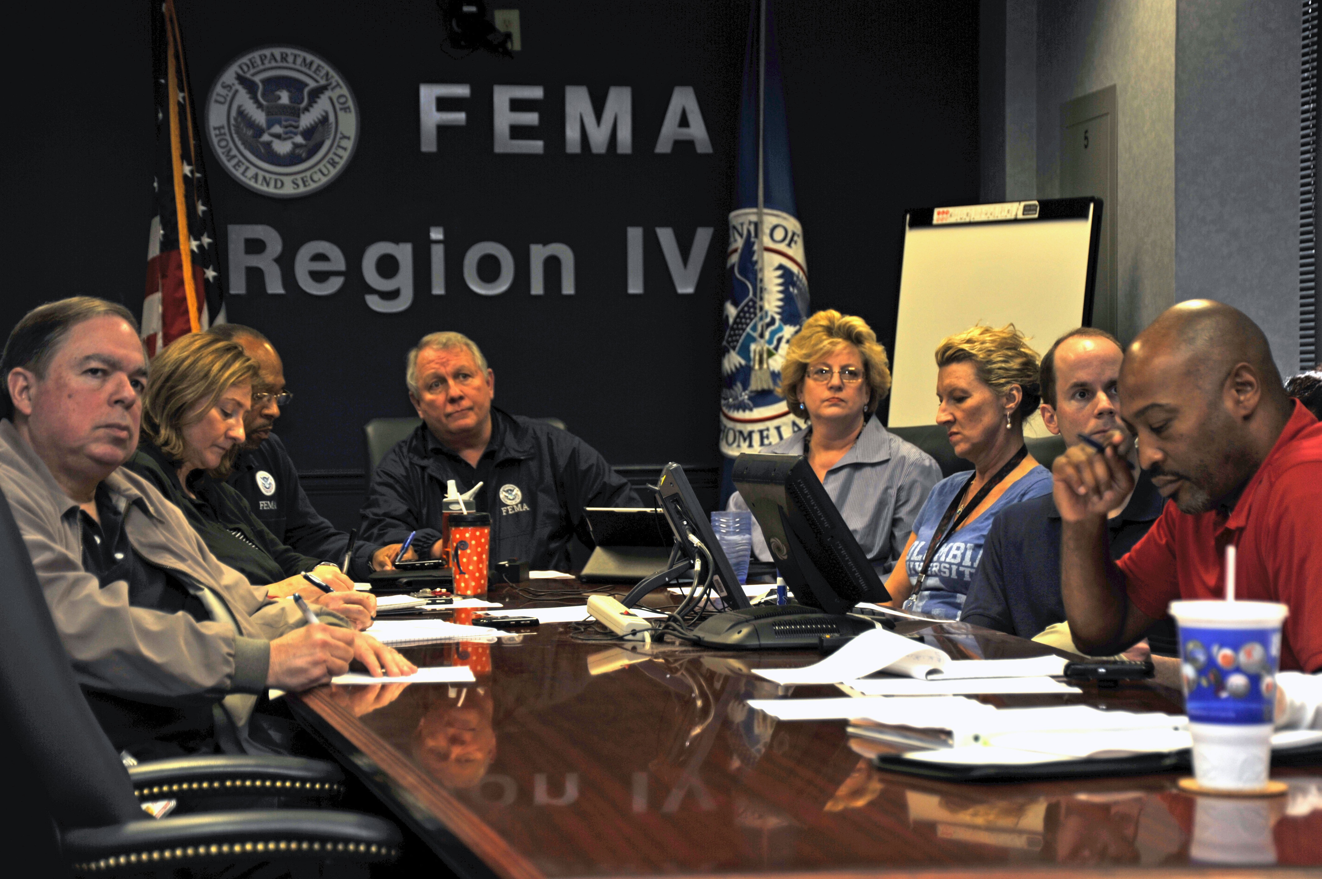 Atlanta, Ga., March 3, 2012 -- Regional Administrator Phil May, Deputy Regional Administrator Mary Lynn Miller and senior staff participate in a coordination call following the deadly tornado outbreak on Friday and Saturday, March 2-3. 