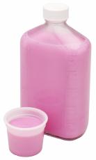 Photograph of a bottle of pink liquid medicine with a filled dosage cup