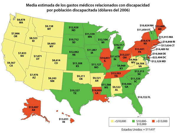 Media estimada de los gastos médicos relacionados con las discapacidades por población discapacitada (valor del dólar del 2006)