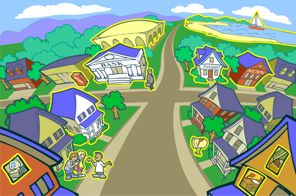 Town with each of the sites listed glowing or animated