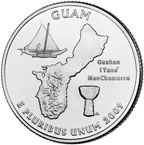 Coin image shows the island of Guam, a flying proa (boat), and a latte (stone pillar).