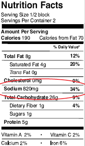 Los Hechos de Nutrición para la Sopa Regular (Sirviendo el tamaño es el bloque de 1/2, Porciones por contenedor son 2): el Sodio es 820 mg., que es el 34 % diariamente valoran.